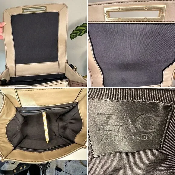 ZAC Zac Posen Eartha Top Handle Leather & Suede Satchel Cream Black Tan - Picture 11 of 15